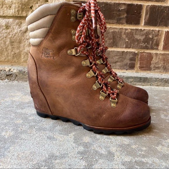 Sorel Boots Conquest Wedge Booties Brown Leather Lace Up Womens 8 - Picture 6 of 15